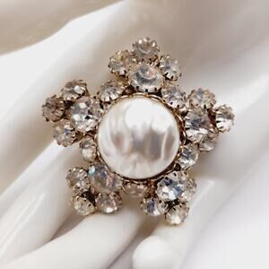 Vintage Faux Pearl Rhinestone Brooch, Silver Tone Cluster, Mid-Century Jewelry